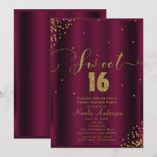 SWEET 16 Sixteen Burgundy & Gold Confetti Corners Invitation