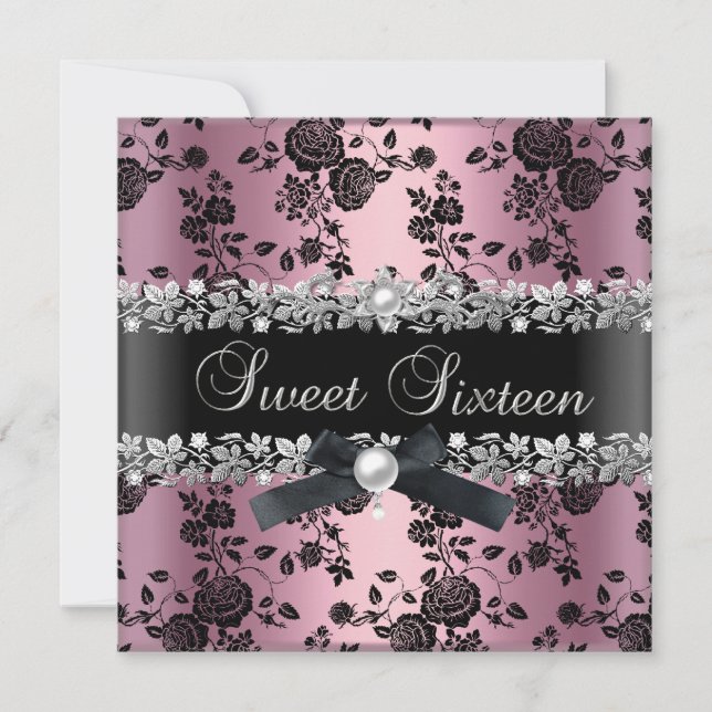 Sweet 16 Sixteen Damask Pink Black Silver Floral Invitation (Front)