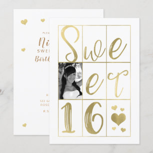 SWEET 16 SIXTEEN Gold & White Hearts Photo Invitation