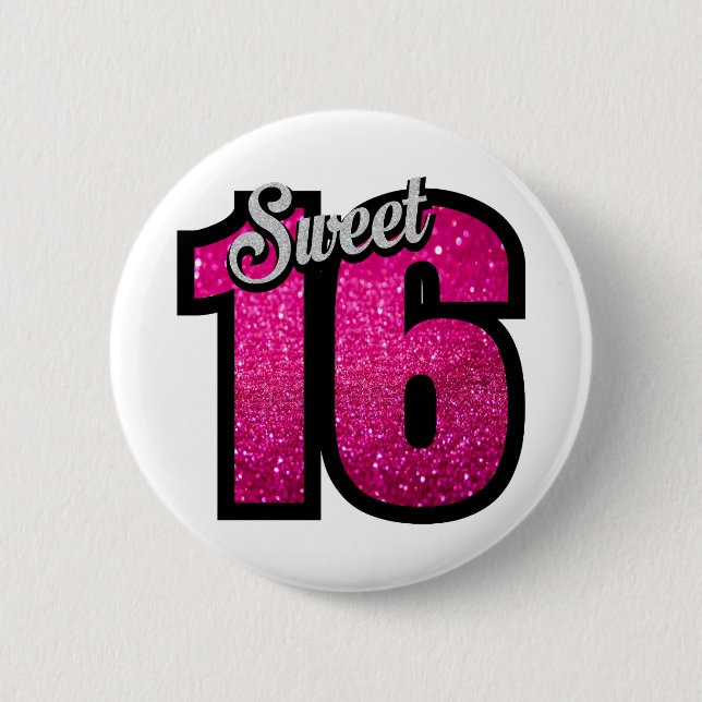 Sweet 16 sixteen pink glitter birthday party girl 2 inch round button (Front)