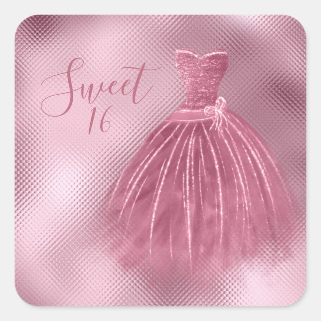 Sweet 16 Sixteen Pink Glitter Dress Elegant Party  Square Sticker (Front)