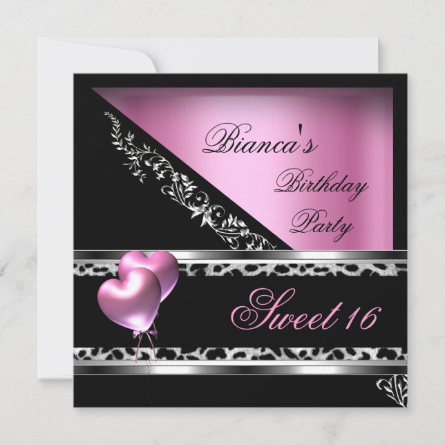 Sweet 16 Sixteen Pink Heart Balloons Leopard Invitation (Front)