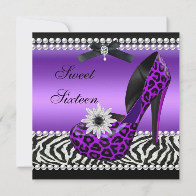 Sweet 16 Sixteen Purple Black Zebra Leopard Invitation (Front)