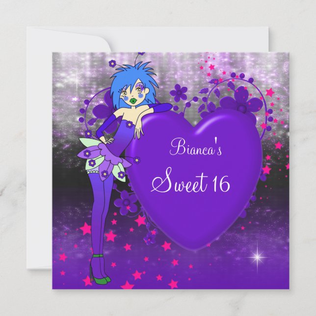 Sweet 16 Sixteen Purple Heart Fairy Pink Stars Invitation (Front)
