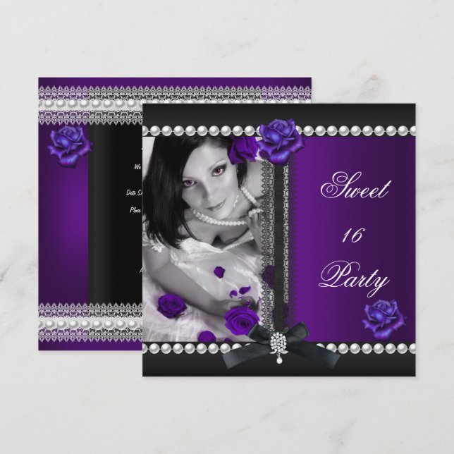 Sweet 16 Sixteen Purple Rose Black Pearl Invitation (Front/Back)