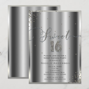 SWEET 16 Sixteen Silver Glam Confetti Corners Invitation
