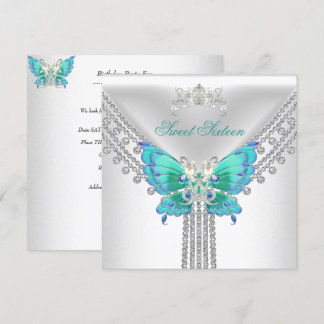 Sweet 16 Sixteen Teal Blue White Butterfly Invitation