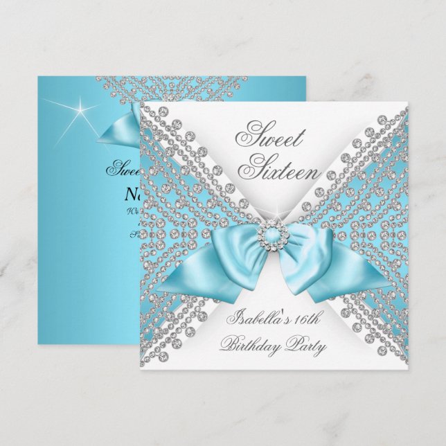 Sweet 16 Sixteen Teal Blue White Diamond Party 2 Invitation (Front/Back)