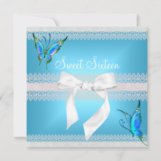 Sweet 16 Sixteen White lace Teal Blue Butterfly Invitation (Front)