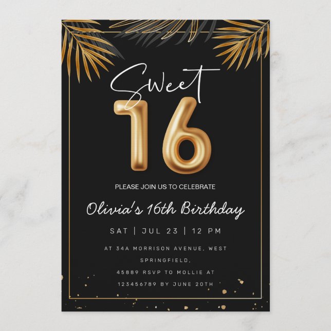 Sweet 16 Sixteenth With Golden Tropical Leaves Invitation (Front)