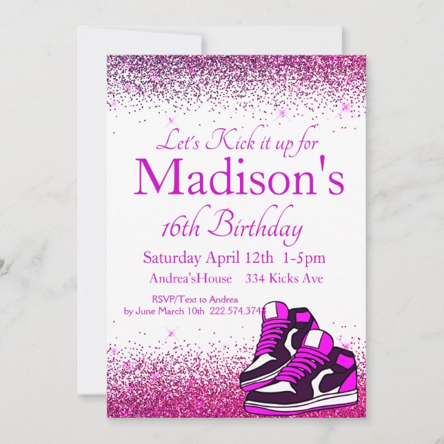 Sweet 16, Sneaker Birthday, Purple Glitter  Invitation (Front)