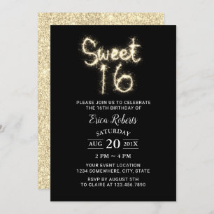 Sweet 16 Sparkler Modern Gold Glitter Birthday Invitation