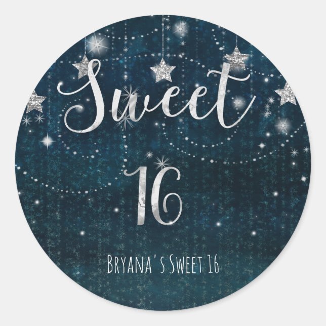 Sweet 16 Starry Night Silver Blue Celestial Favour Classic Round Sticker (Front)