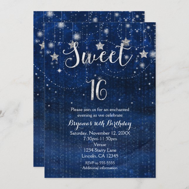Sweet 16 Starry Night Silver & Blue Invitation (Devant / Derrière)