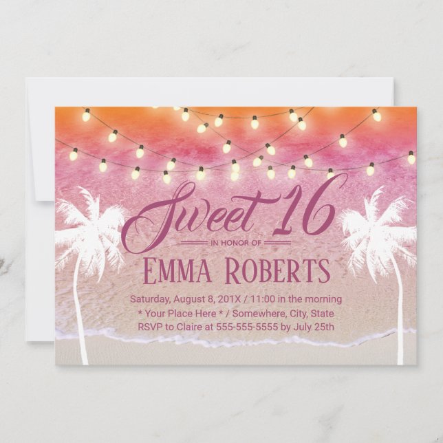 Sweet 16 String Lights Pink Beach Palm Trees Invitation (Front)