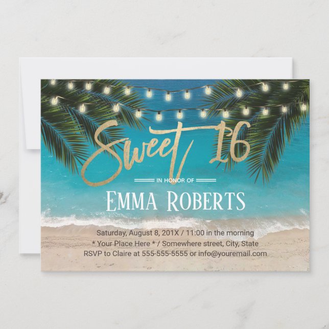 Sweet 16 String Lights Tropical Beach Invitation (Front)