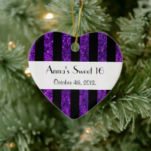 Sweet 16 - Stripes, Lines, Glitter - Purple Black Ceramic Ornament