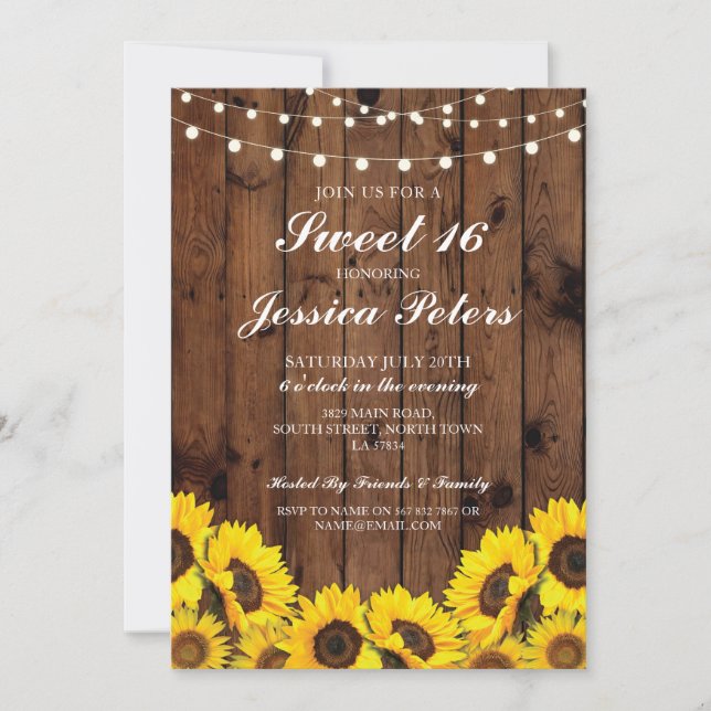Sweet 16 Sunflower Wood Lights Rustic Invitation (Front)