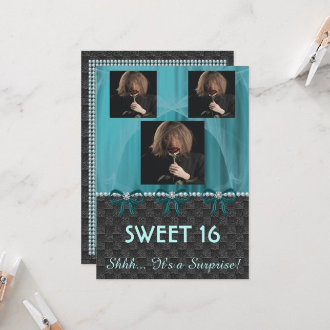Sweet 16 Surprise Party Teal Blue Silk & Pearls & Invitation (Front/Back In Situ)