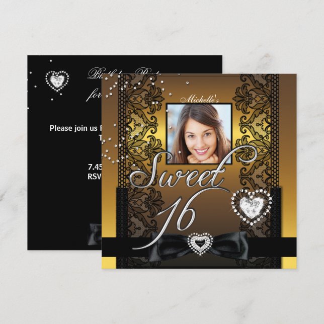 Sweet 16 Sweet Sixteen Gold Black Lace Photo Invitation (Front/Back)