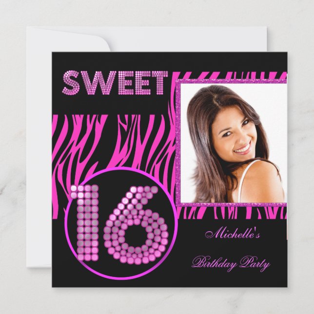 Sweet 16 Sweet Sixteen Hot Pink Zebra Photo Invitation (Front)