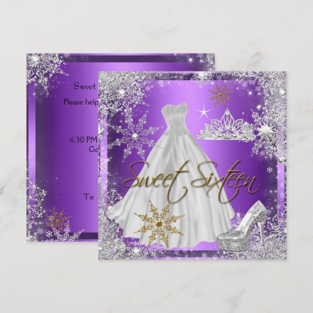 Sweet 16 Sweet Sixteen Purple White Gold Elite Invitation (Front/Back)