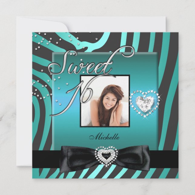 Sweet 16 Sweet Sixteen Teal Black Zebra Photo Invitation (Front)