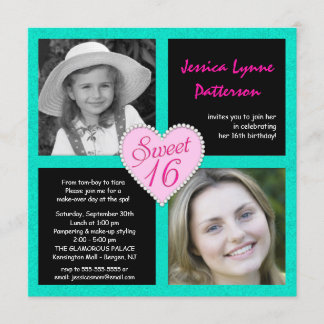 Sweet 16 Teal Black Bling Heart Photo Invitations