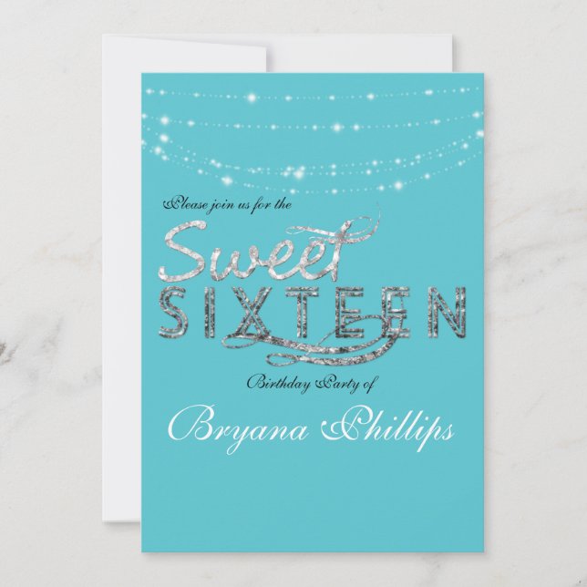 Sweet 16 Teal Blue Glitter Birthday Party Invitation (Front)