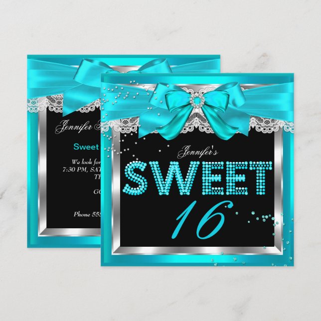 Sweet 16 Teal Blue Glitter Glam Birthday Party Invitation (Front/Back)