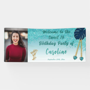 Sweet 16 Teal Blue Glitter, Heat Gems & Photo Banner