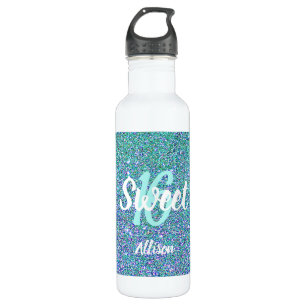 Sweet 16 Teal Blue Glitter Personalized 710 Ml Water Bottle