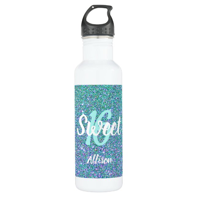 Sweet 16 Teal Blue Glitter Personalized 710 Ml Water Bottle (Front)