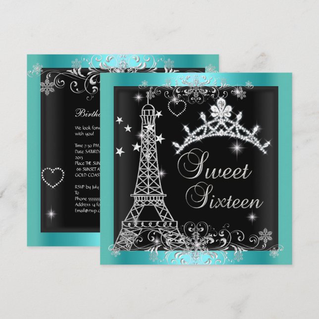 Sweet 16 Teal Blue Glitter Tiara Eiffel Tower 2 Invitation (Front/Back)