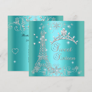 Sweet 16 Teal Blue Glitter Tiara Eiffel Tower Invitation