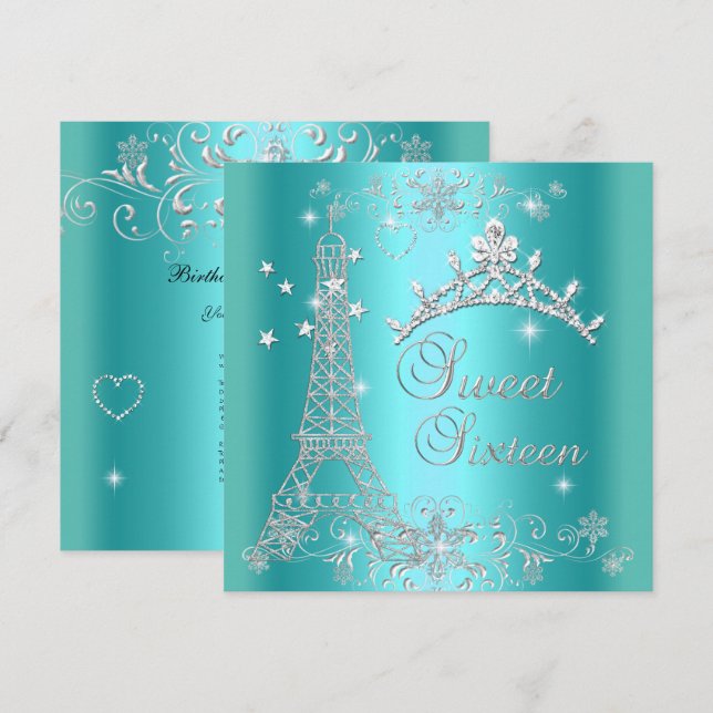 Sweet 16 Teal Blue Glitter Tiara Eiffel Tower Invitation (Front/Back)