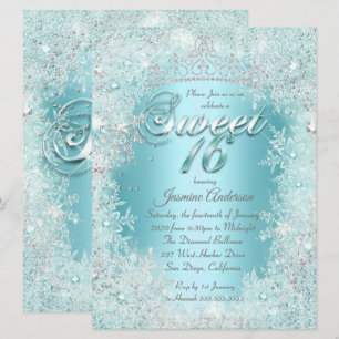 Sweet 16 Teal blue Silver Winter Wonderland Tiara Invitation