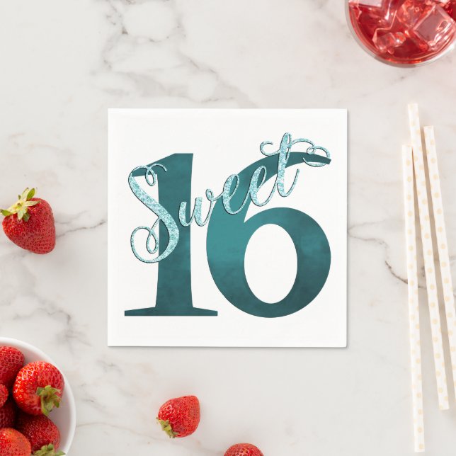 Sweet 16 | Teal Green Grunge and Faux Glitter Napkin (Insitu)