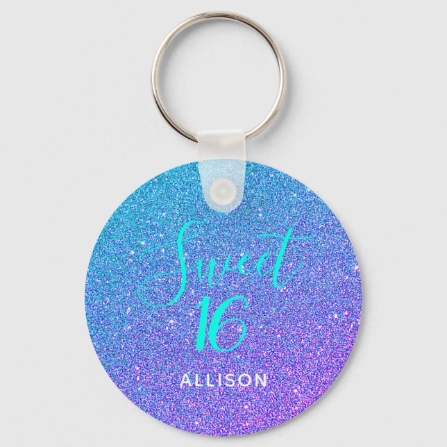 Sweet 16 Teal Purple Glitter Ombre Personalized Keychain (Front)