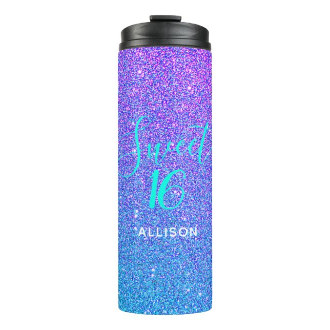 Sweet 16 Teal Purple Glitter Ombre Personalized Thermal Tumbler (Front)