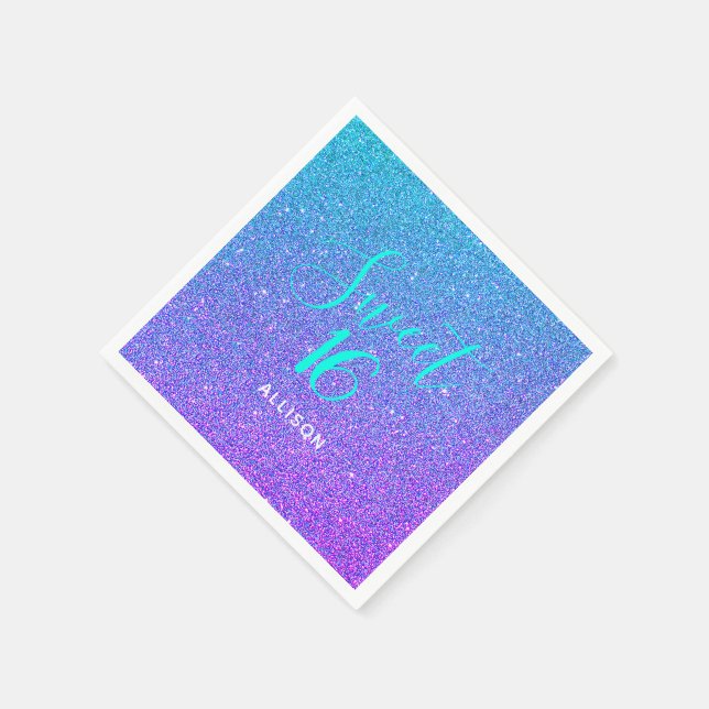 Sweet 16 Teal Purple Ombre Glitter Personalized Napkin (Corner)