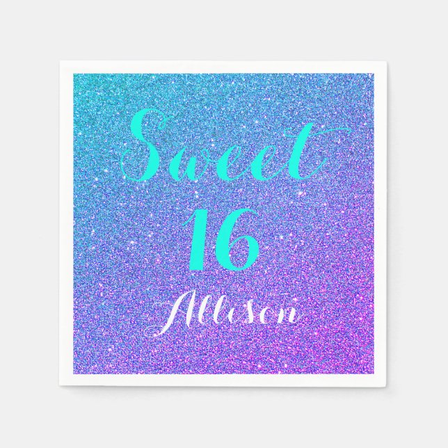 Sweet 16 Teal Purple Ombre Glitter Sparkle Napkin (Front)