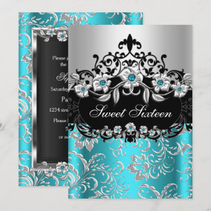 Sweet 16 Teal Silver Black Floral Jewel Party Invitation