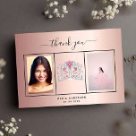 Sweet 16 thank you custom photo rose gold pink<br><div class="desc">An elegant, simple Sweet 16 Thank You card personalized with your own photo. Add 3 of Your birthday photos, vertical size, a date, name, and the thank you note. A rose gold faux metallic looking background with black text and a frame. The text: Thank you on the front and your...</div>