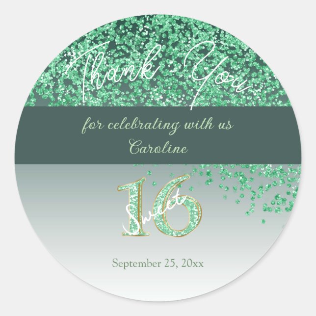 Sweet 16 Thank You Falling Green Glitter Classic Round Sticker (Front)