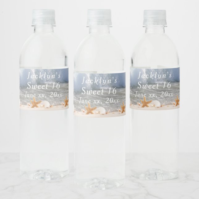  Sweet 16  Tropical Beach Seashells Waves  Water Bottle Label (Bottles)