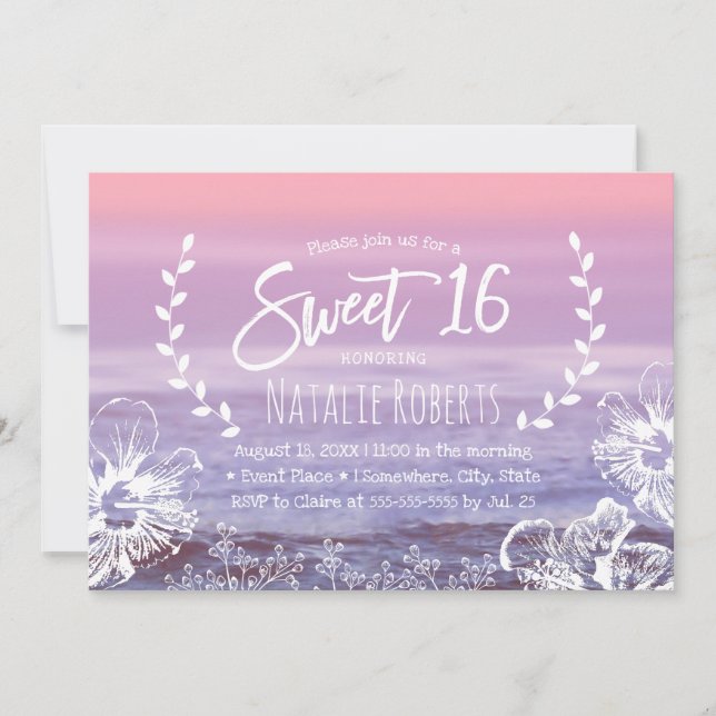 Sweet 16 Tropical Floral Elegant Pink Beach Invitation (Front)