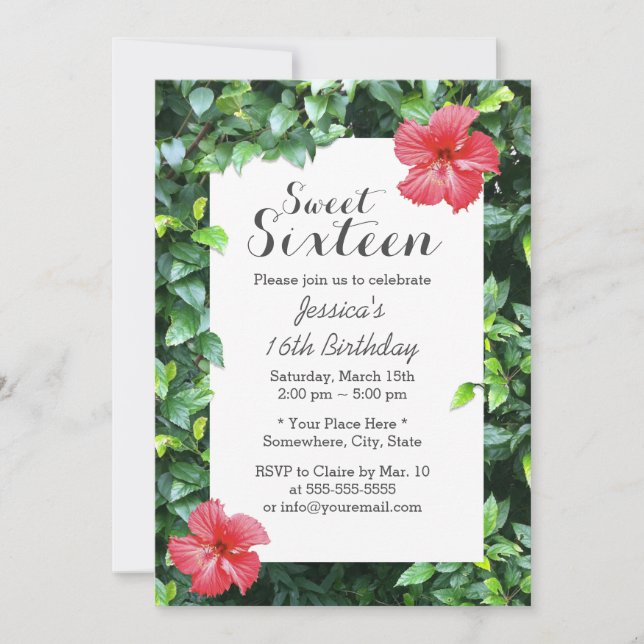 Sweet 16 Tropical Red Hibiscus Flowers Invitation (Front)