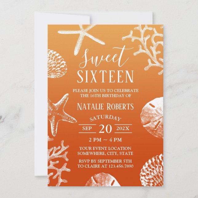 Sweet 16 Tropical Sunset Beach Starfish & Seashell Invitation (Front)