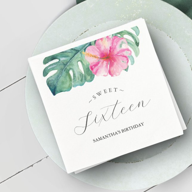 Sweet 16 Tropical Theme Birthday Watercolor Napkin (Birthday party sweet 16 napkins with tropical theme watercolor art by Victoria Grigaliunas)